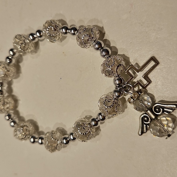 3 Angel, Cross, Clear & Frosted Glass & Rhinestone Stretch Beaded Bracelets - Picture 6 of 6